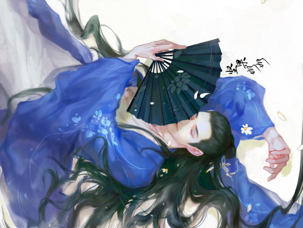 Обои картинки фото рисованное, кино,  мультфильмы, парень, веер, лепестки