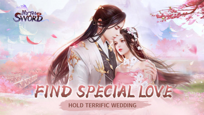 Обои картинки фото видео игры, myth of sword, парень, девушка, лепестки