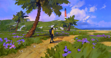 Картинка рисованное люди человек маяк деревья дорога