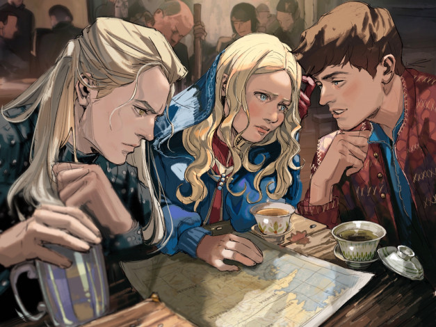 Обои картинки фото видео игры, the witcher, ведьмак, барды, карта, трактир, стол, люди