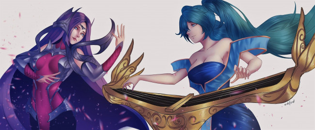 Обои картинки фото видео игры, league of legends, irelia, sona, инструмент