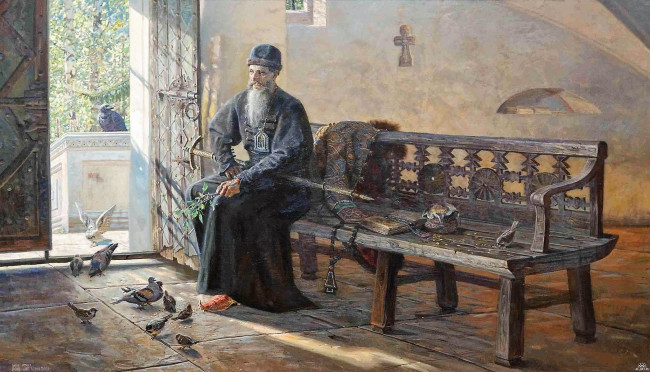 Обои картинки фото рисованное, павел рыженко, священник, посох, скамейка, голуби