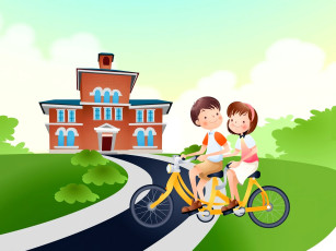 обоя рисованное, дети, велосипед, дом, дорога, сад