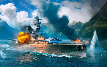 Картинка видео+игры world+of+warships корабли бой огонь дым море горы