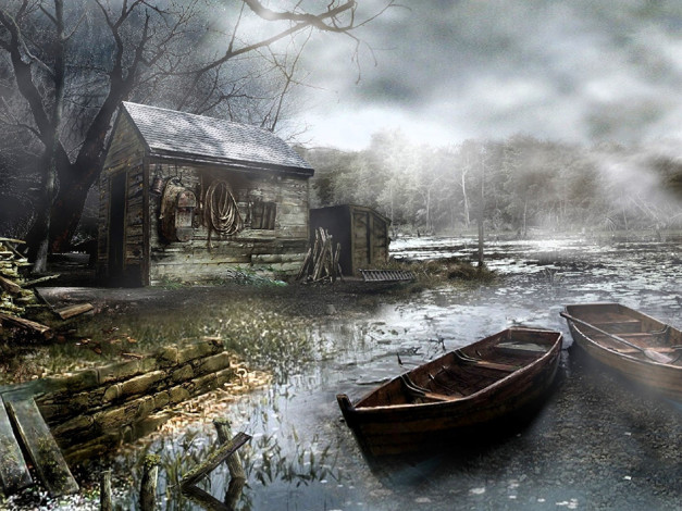 Обои картинки фото видео игры, resident evil 4, туман, лес, домик, дрова, лодки