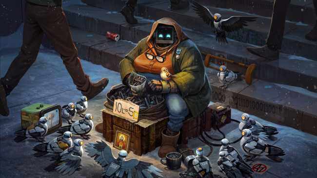 Обои картинки фото фэнтези, роботы,  киборги,  механизмы, бабушка, робот, голуби