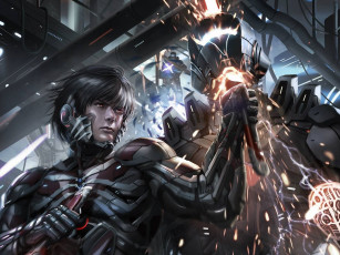 Картинка фэнтези роботы +киборги +механизмы парень молнии искры враги меч оружие удар броня арт