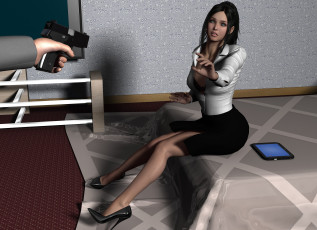 Картинка observers 3д+графика fantasy+ фантазия кровать страх пистолет девушка