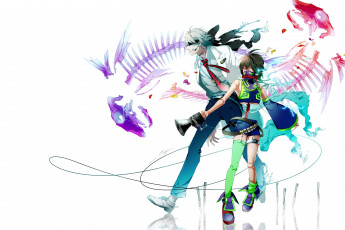 Картинка аниме -headphones+&+instrumental провод микрофон скелет парень девушка gloria маска лепестки otani арт