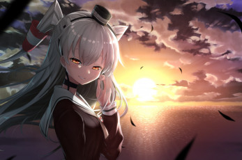 Картинка аниме *unknown+ другое арт erokosei kantai collection amatsukaze девушка закат улыбка море перья