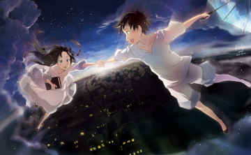 Картинка аниме *unknown+ другое зонт свет книга облака звезды город закат полет слезы дома двое высота парень девушка rahwia арт