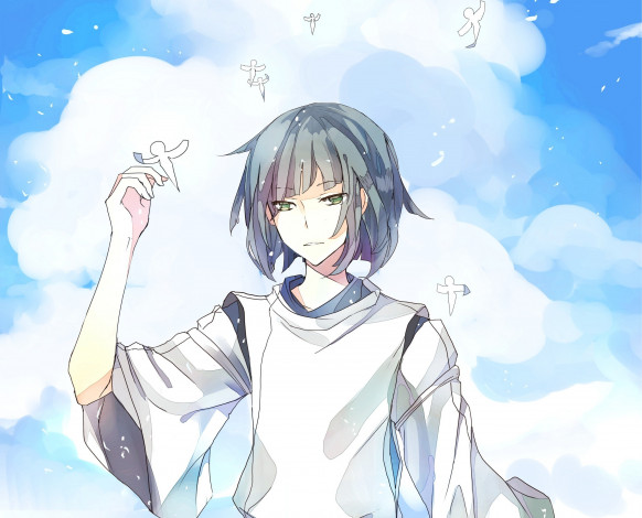 Обои картинки фото аниме, spirited away, парень, хаку, iya-chen, haku, небо, дух, реки, хаяо, миядзаки, облака, spirited, away, унесенные, призраками, арт