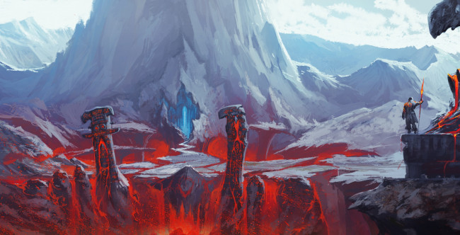 Обои картинки фото фэнтези, иные миры,  иные времена, статуи, тотем, вход, пещера, копье, человек, лава, гора, фантастика, арт