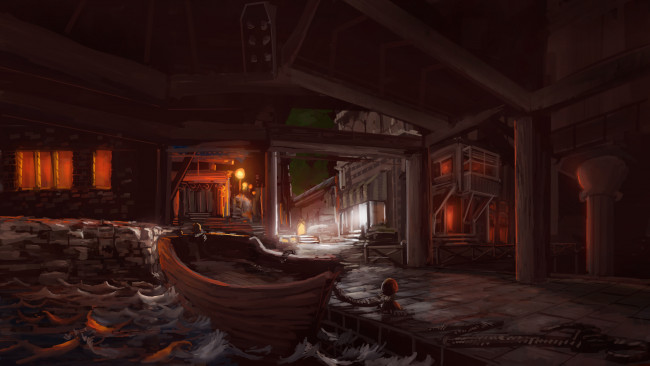 Обои картинки фото фэнтези, иные миры,  иные времена, ночь, фонари, порт, город, арт, лодка, море