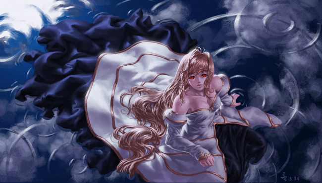 Обои картинки фото аниме, tsukihime, арт, feitie, shingetsutan, arcueid, brunestud, девушка, платье, вода, круги, волосы