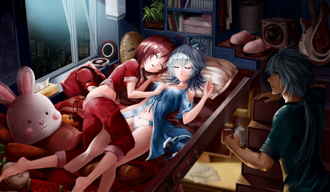 Обои картинки фото аниме, vocaloid, дома, ночь, наушники, колонки, игрушки, гитара, yuezheng, ling, luo, tianyi, заяц, кружка, парень, guolu, вокалоид, девушки, longya, растение, книги, город, окно, арт