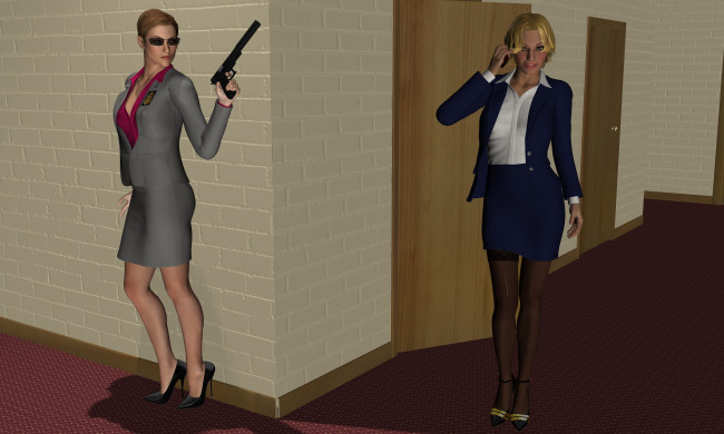 Обои картинки фото observers, 3д графика, fantasy , фантазия, оружие, коридор, девушки