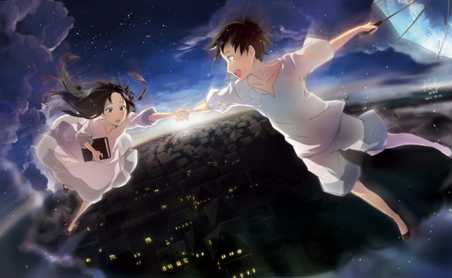 Обои картинки фото аниме, *unknown , другое, зонт, свет, книга, облака, звезды, город, закат, полет, слезы, дома, двое, высота, парень, девушка, rahwia, арт