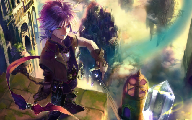 Обои картинки фото аниме, *unknown , другое, коса, улыбка, шрам, здания, гетерохромия, кристаллы, парень