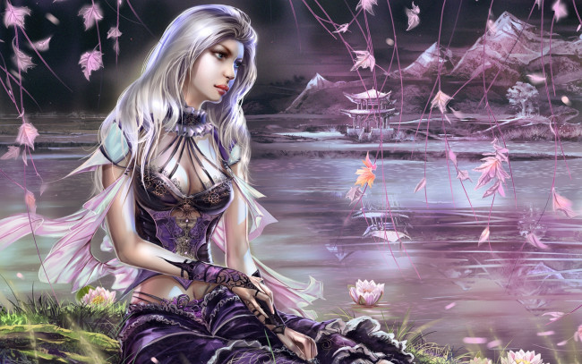 Обои картинки фото фэнтези, девушки, платье, пруд, горы, пагода, отражение, цветы