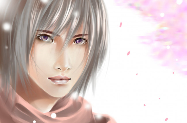 Обои картинки фото аниме, *unknown , другое, лицо, портрет, блондин, сиреневые, глаза, арт, парень, взгляд, фон, белый, лепестки, сакура