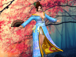 Картинка 3д+графика люди+ people кимоно веер фон взгляд девушка