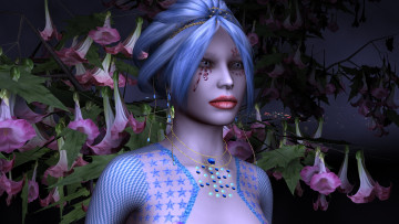 Картинка 3д+графика портрет+ portraits девушка взгляд фон цветы