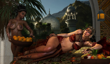 Картинка 3д+графика люди+ people девушки взгляд фон фрукты растение купола горы фонарь