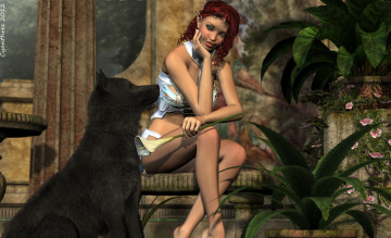 Картинка 3д+графика эльфы+ elves эльфийка зелень собака взгляд фон