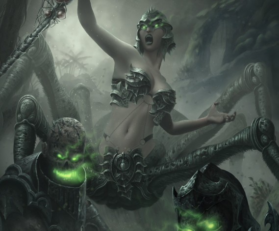 Обои картинки фото 3д графика, существа , creatures, демон, оружие, девушка, паук