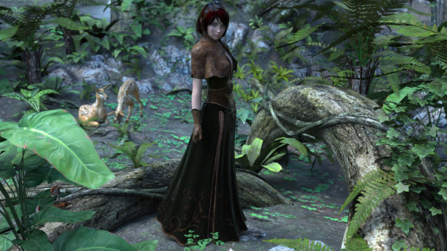 Обои картинки фото 3д графика, фантазия , fantasy, девушка, взгляд, фон, лес, олени