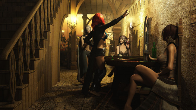 Обои картинки фото 3д графика, люди , people, девушки, взгляд, фон, стол, напитки, свечи, лдестница