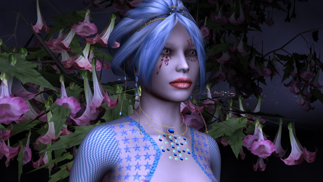Обои картинки фото 3д графика, портрет , portraits, девушка, взгляд, фон, цветы