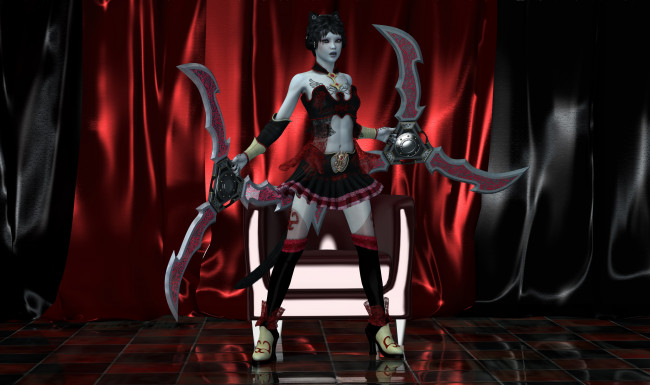 Обои картинки фото 3д графика, фантазия , fantasy, девушка, взгляд, фон, оружие, кресло