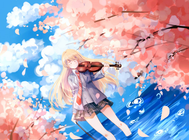 Обои картинки фото аниме, shigatsu wa kimi no uso, девушка, взгляд, фон
