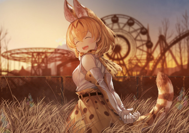 Обои картинки фото аниме, kemono friends, фон, девушка, взгляд
