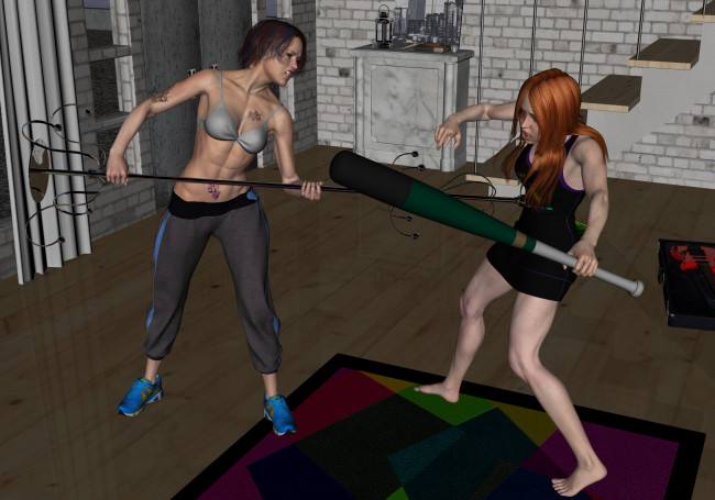 Обои картинки фото 3д графика, фантазия , fantasy, борьба, фон, взгляд, девушки