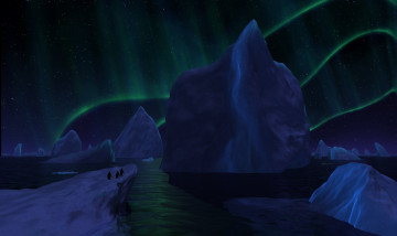 Картинка 3д+графика природа+ nature северное сияние айсберги льдины море пингвины