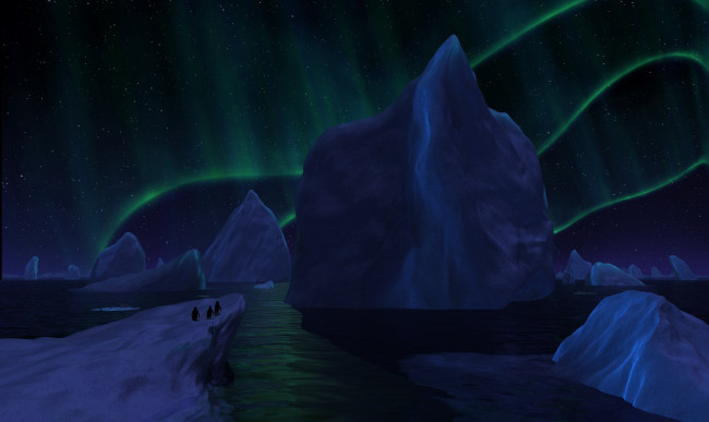 Обои картинки фото 3д графика, природа , nature, северное, сияние, айсберги, льдины, море, пингвины