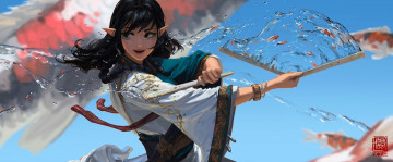 Картинка аниме животные +существа девушка веера рыбки магия