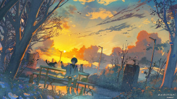 Картинка аниме город +улицы +интерьер +здания парень скамейка кошки парк