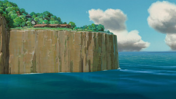 Картинка аниме spirited+away море обрыв дома облака