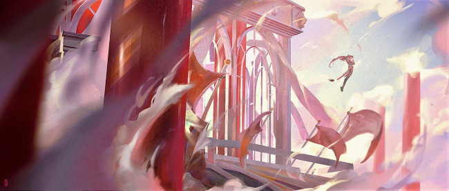 Обои картинки фото аниме, город,  улицы,  интерьер,  здания, человек, дворец, флаги