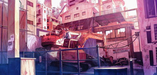 Обои картинки фото аниме, оружие,  техника,  технологии, дома, экскаватор