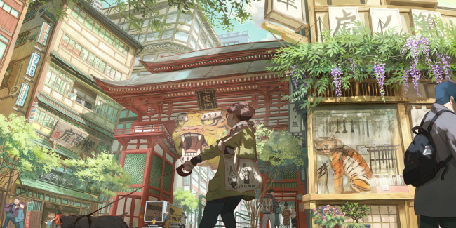 Обои картинки фото аниме, город,  улицы,  интерьер,  здания, дома, люди