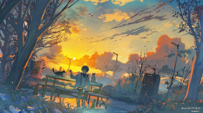 Обои картинки фото аниме, город,  улицы,  интерьер,  здания, парень, скамейка, кошки, парк