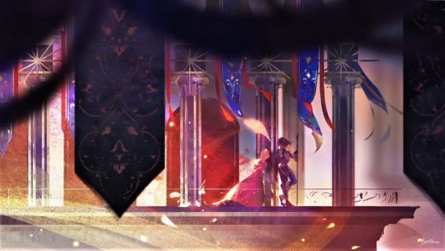 Обои картинки фото аниме, город,  улицы,  интерьер,  здания, пара, дворец