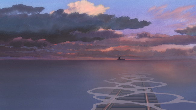 Обои картинки фото аниме, spirited away, море, дорога, небо, тучи