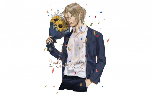Обои картинки фото аниме, unknown,  другое , парень, букет, конфетти