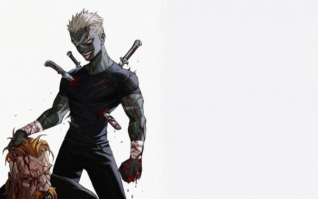 Обои картинки фото аниме, unknown,  другое , парень, раны, оружие, голова, кровь